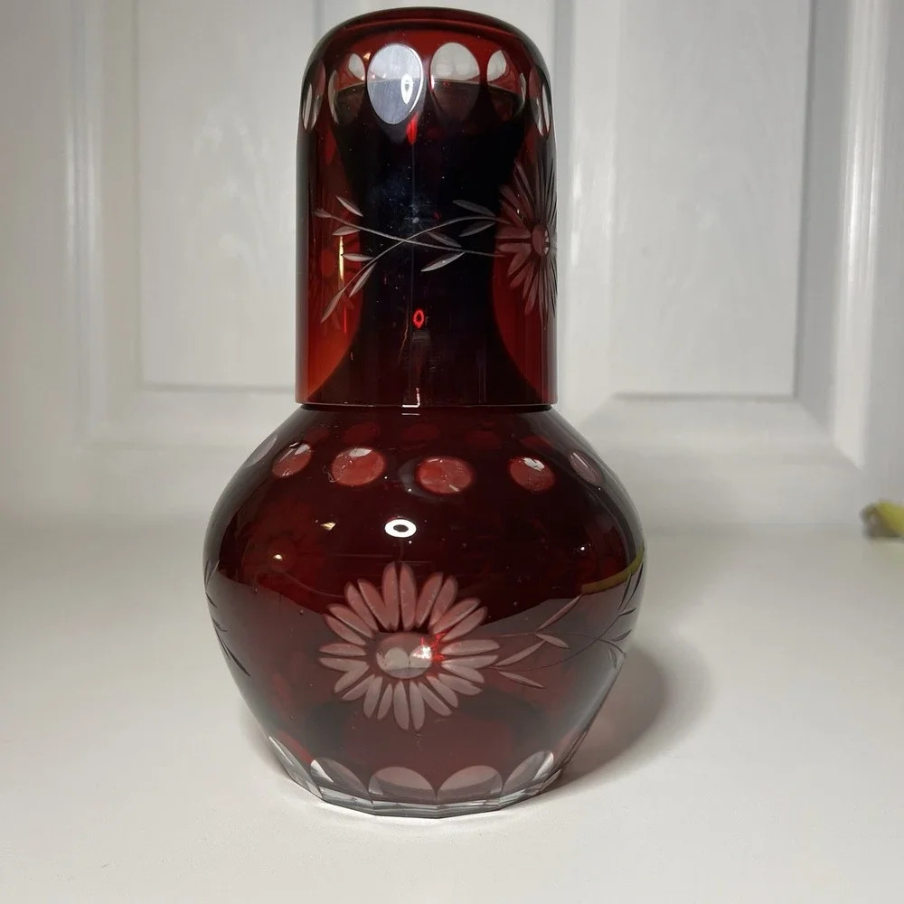 Antique Bohemian Red Czech Cut Glass Carafe Set Pitcher Cup Etched‎ Floral